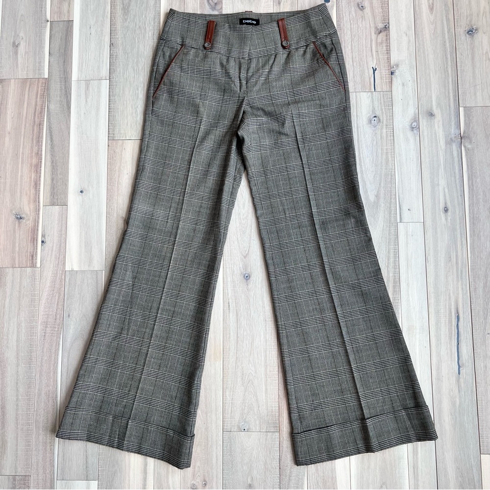 bebe Vintage Y2K Women's 6 Brown plaid Flare Leg Mid Rise Cuffed Trouser Pants